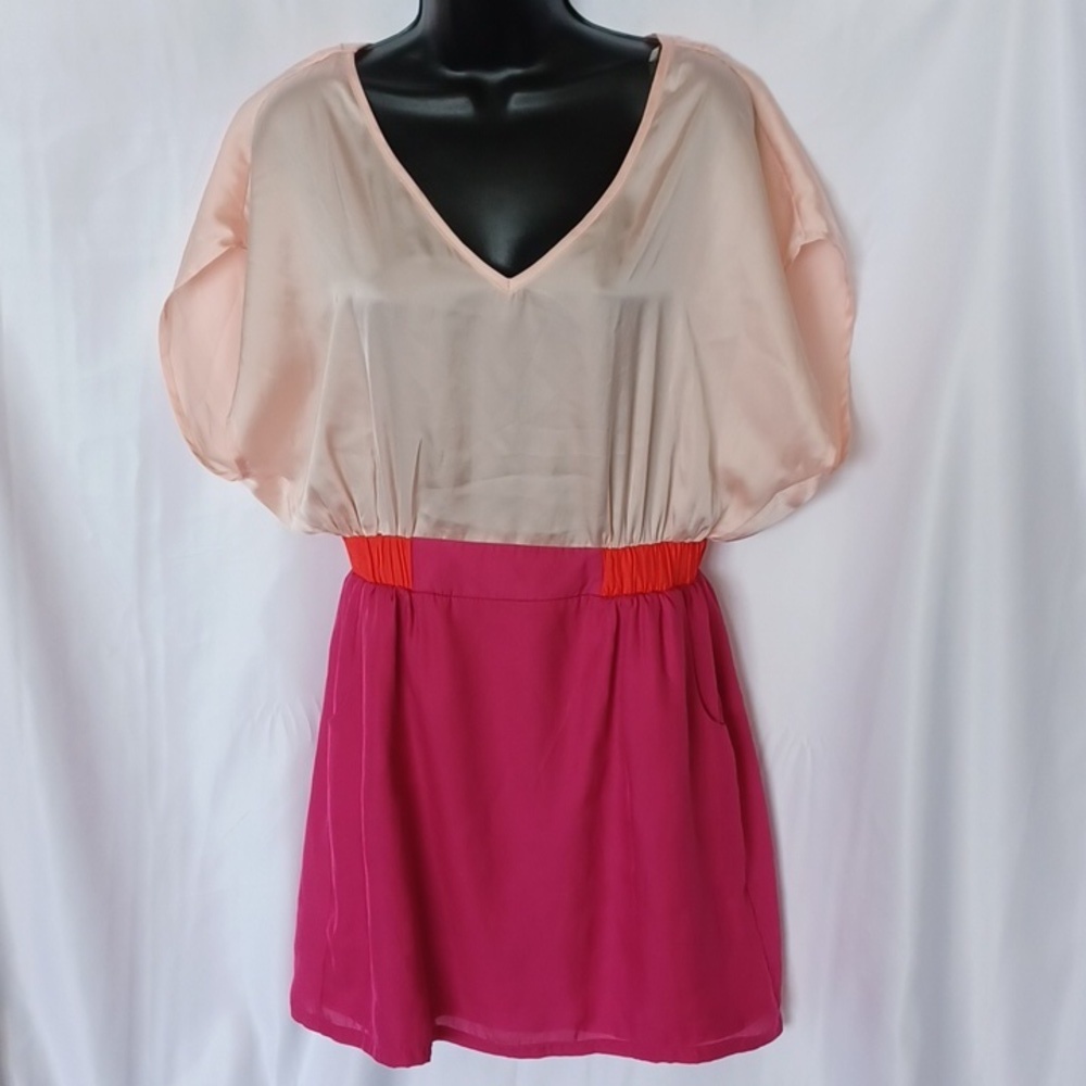 Paisley & Ivy Short Sleeve Mini Dress with V-Neck Back Cutout- Pink, lined skirt